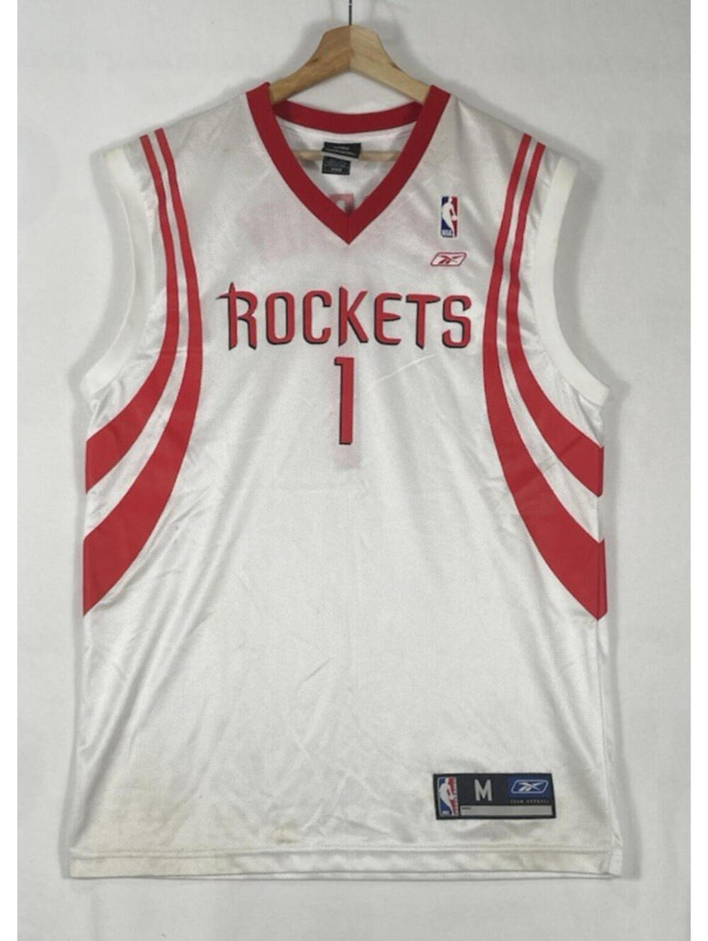 Vtg Reebok NBA Houston Rockets McGrady White Basketball Jersey Sz M YELLOWING